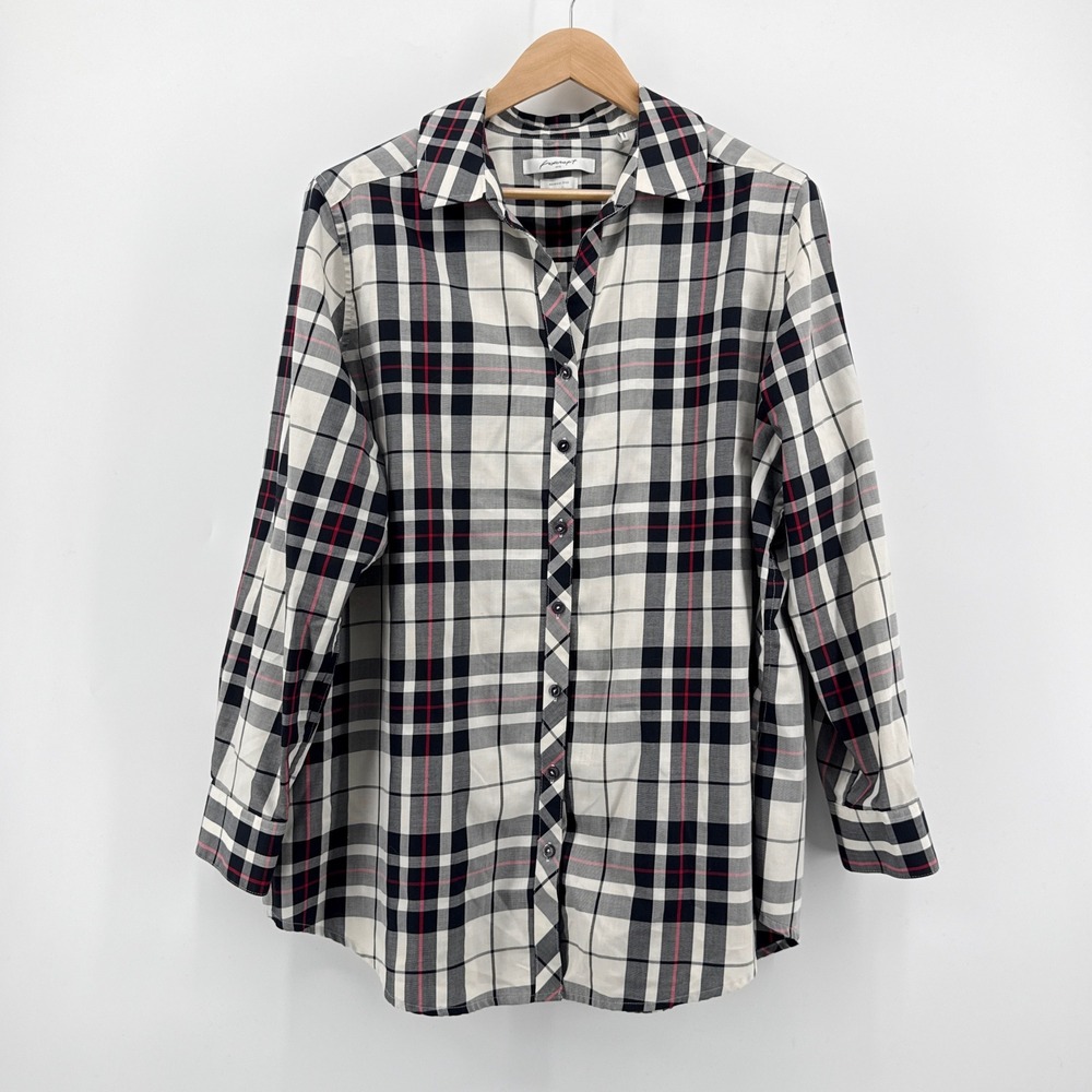 Foxcroft Wrinkle Free Plaid Button Down Shirt Womens 18W Black White Red Tartan